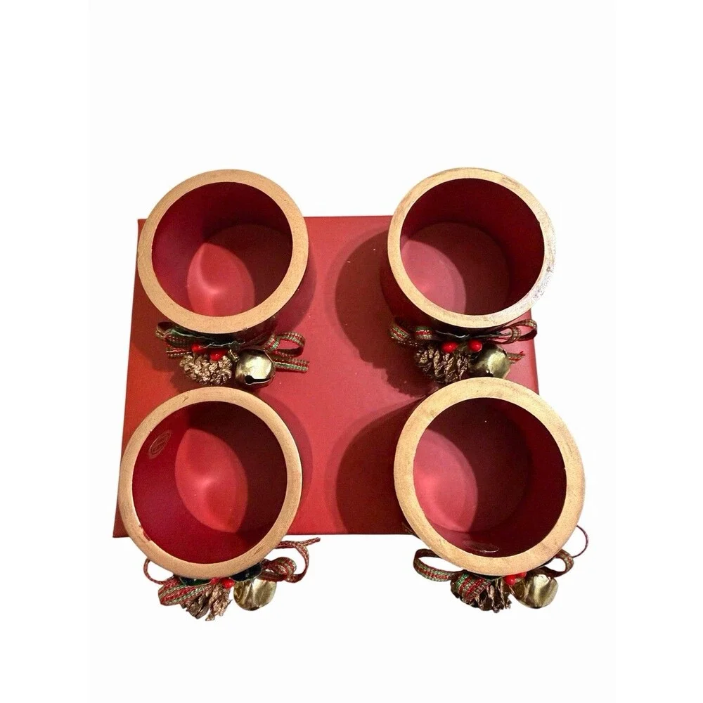 Vtg Lenox Christmas Napkin Rings Winter Greetings Set Of 4 Red & Gold Classic